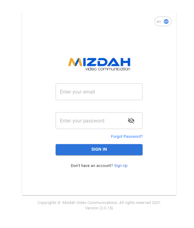 Mizdah web app login page