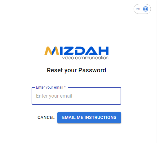 Mizdah web app reset password screen